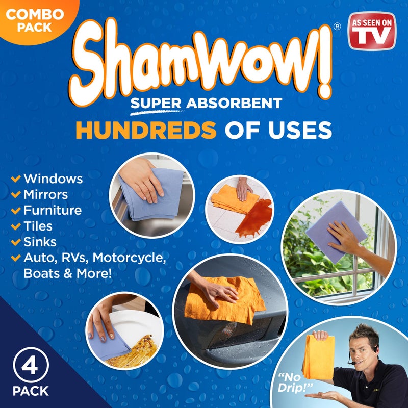 ShamWow Original Super Absorbent Multi-Purpose Cleaning Shammy Chamois Towel Cloth - Holds 10X its Weight in Liquid - Machine Washable - Will Not Scratch (4 Pack: 2 Large Orange & 2 Small Blue). - Image 4